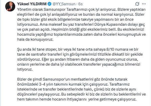 Yüksel Yıldırım: "2-3 yıl içinde ligin ilk 5’inde kalıcı olacağız"