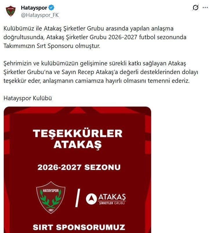 Atakaş Şirketler Grubu, Hatayspor’a sırt sponsoru oldu