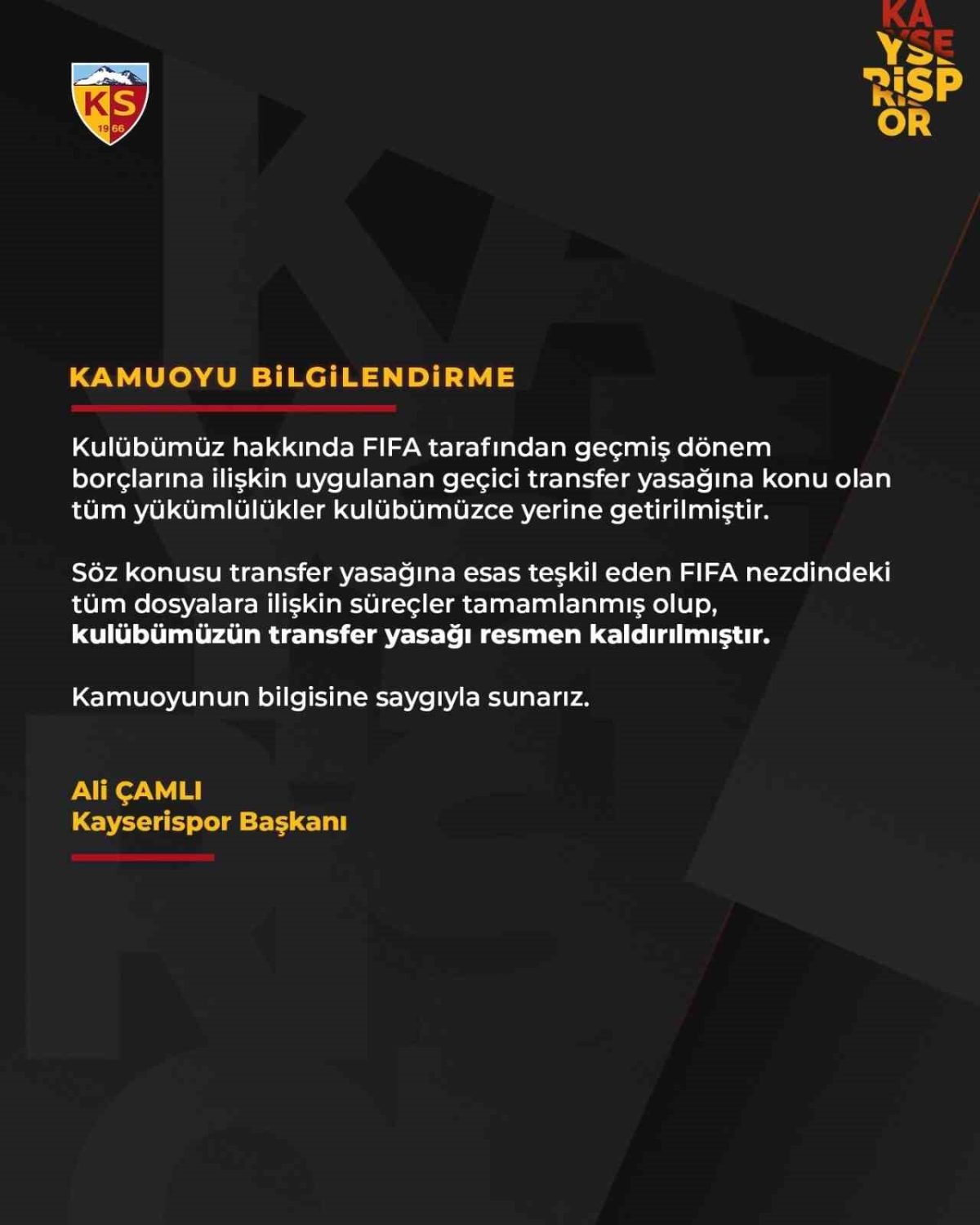 Başkan Çamlı müjdeyi verdi: "Transfer yasağı kalktı"