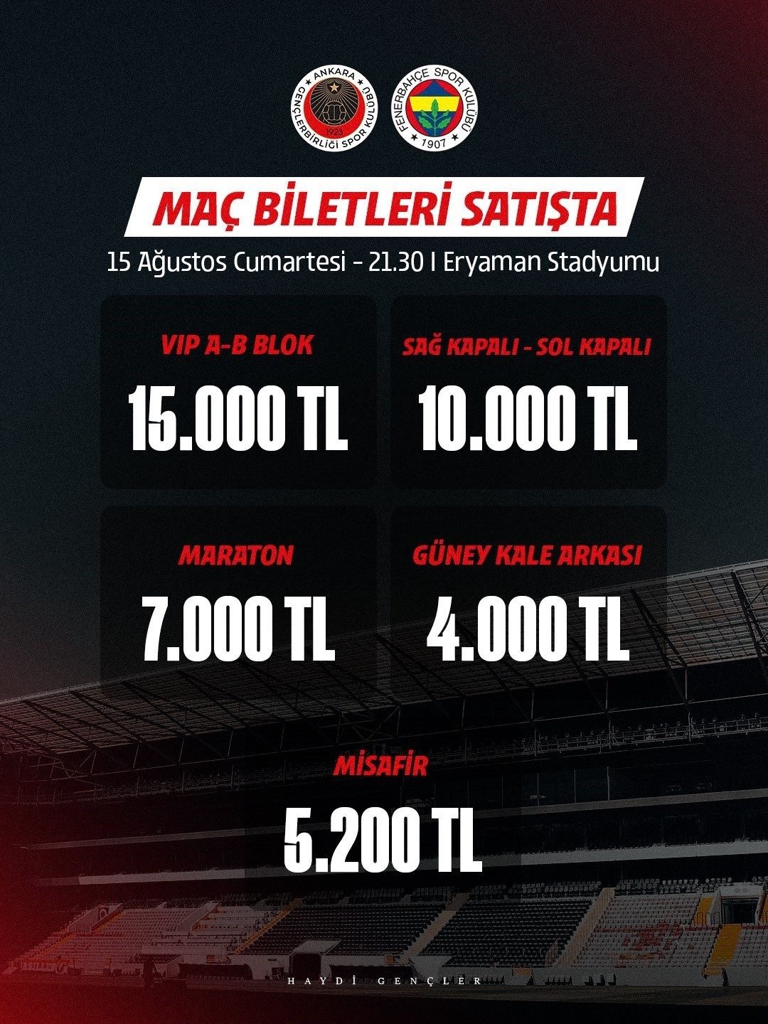 Gençlerbirliği - Fenerbahçe maçının biletleri satışa çıktı