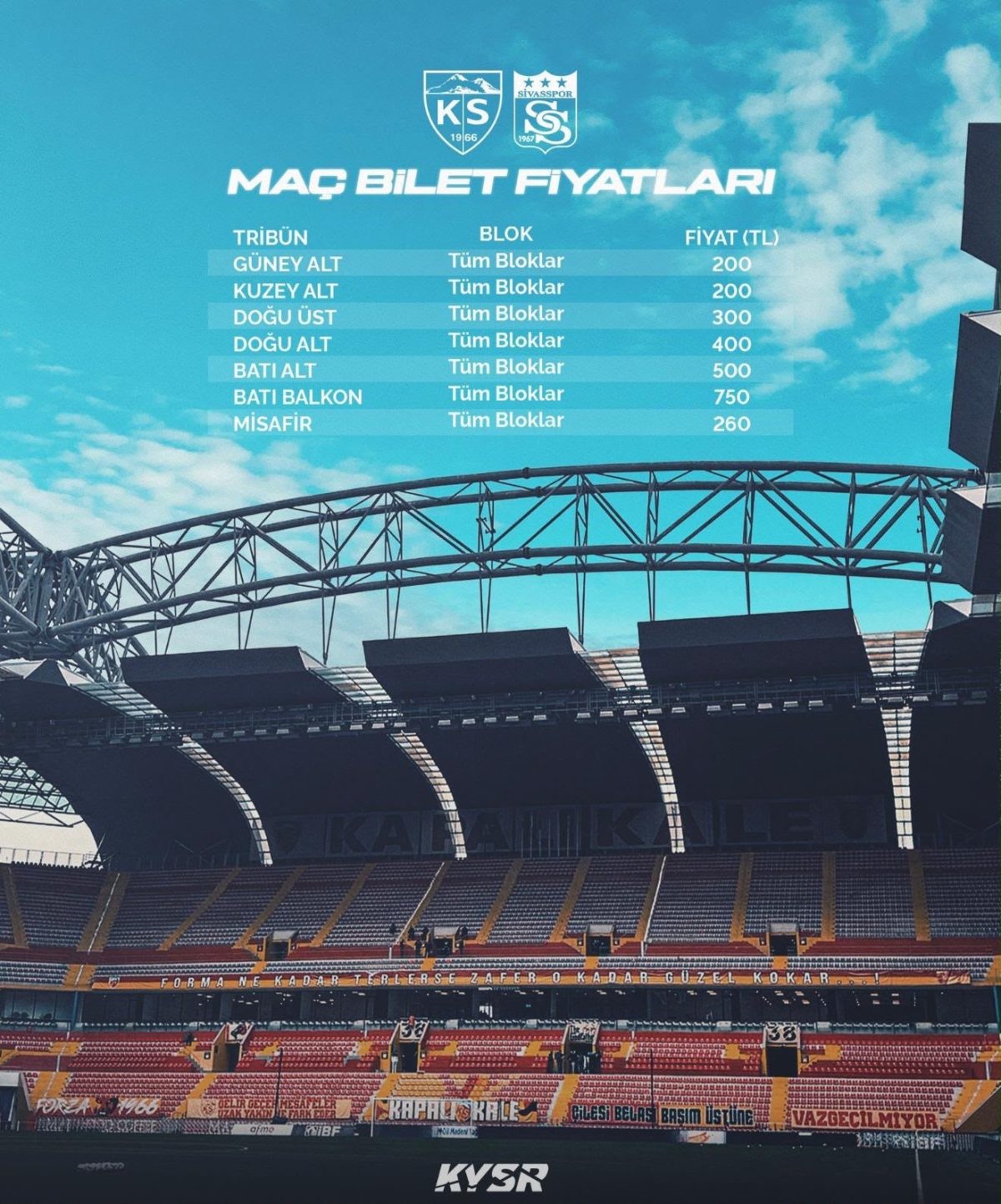 Kayserispor-Sivasspor maç bileti satışta