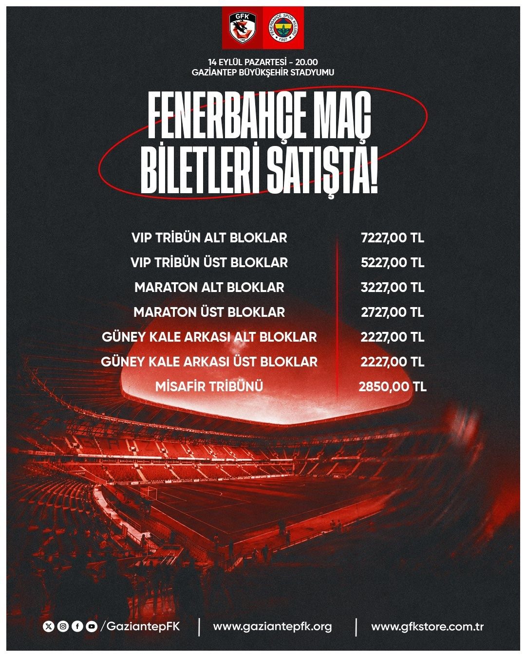 Gaziantep FK - Fenerbahçe maçı biletleri satışa çıktı