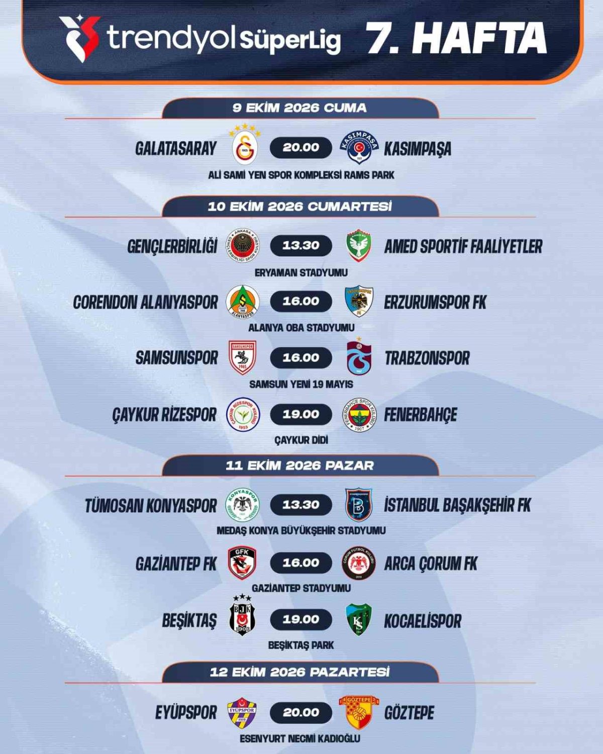 Trendyol Süper Lig’de 7-16. hafta programları açıklandı