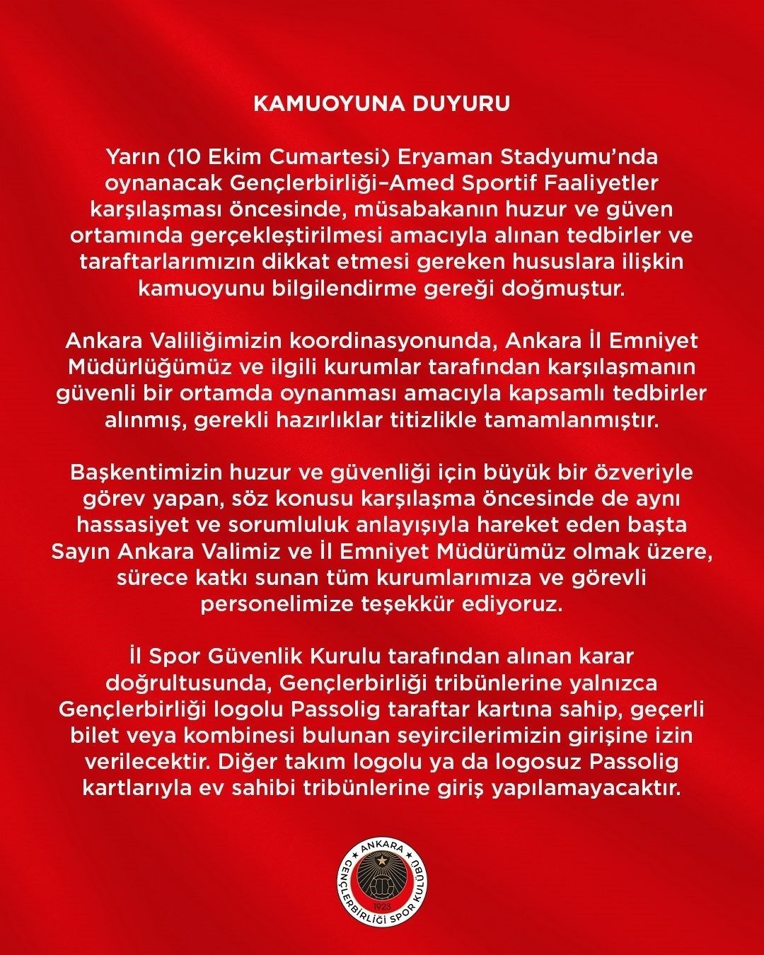 Gençlerbirliği - Amed SF maçına farklı logolu ve logosuz kartlı taraftar alınmayacak
