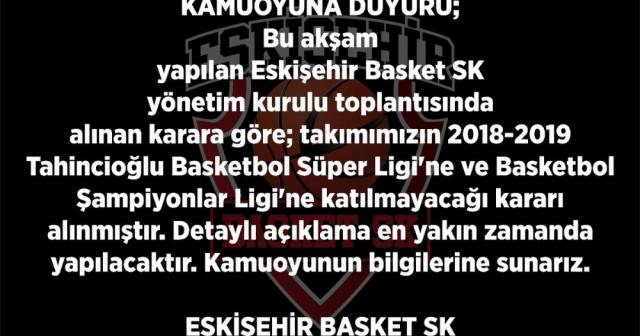 Eskişehir Basket, ligden ve Şampiyonlar Ligi’nden çekildi