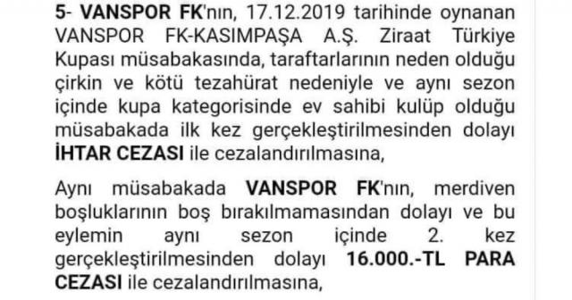 PFDK’dan Van Spor FK’ye 16 bin lira ceza