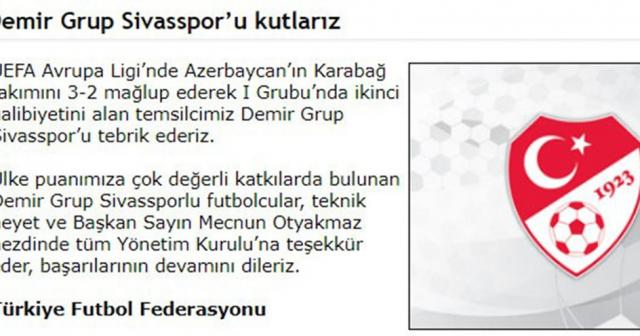 TFF’den Sivasspor’a tebrik
