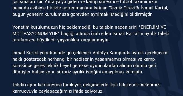 BB Erzurumspor’dan İsmail Kartal’ın istifası hakkında açıklama