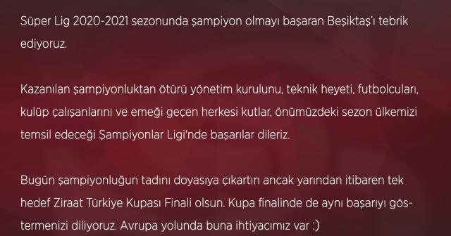 Sivasspor Beşiktaş’ı tebrik etti!