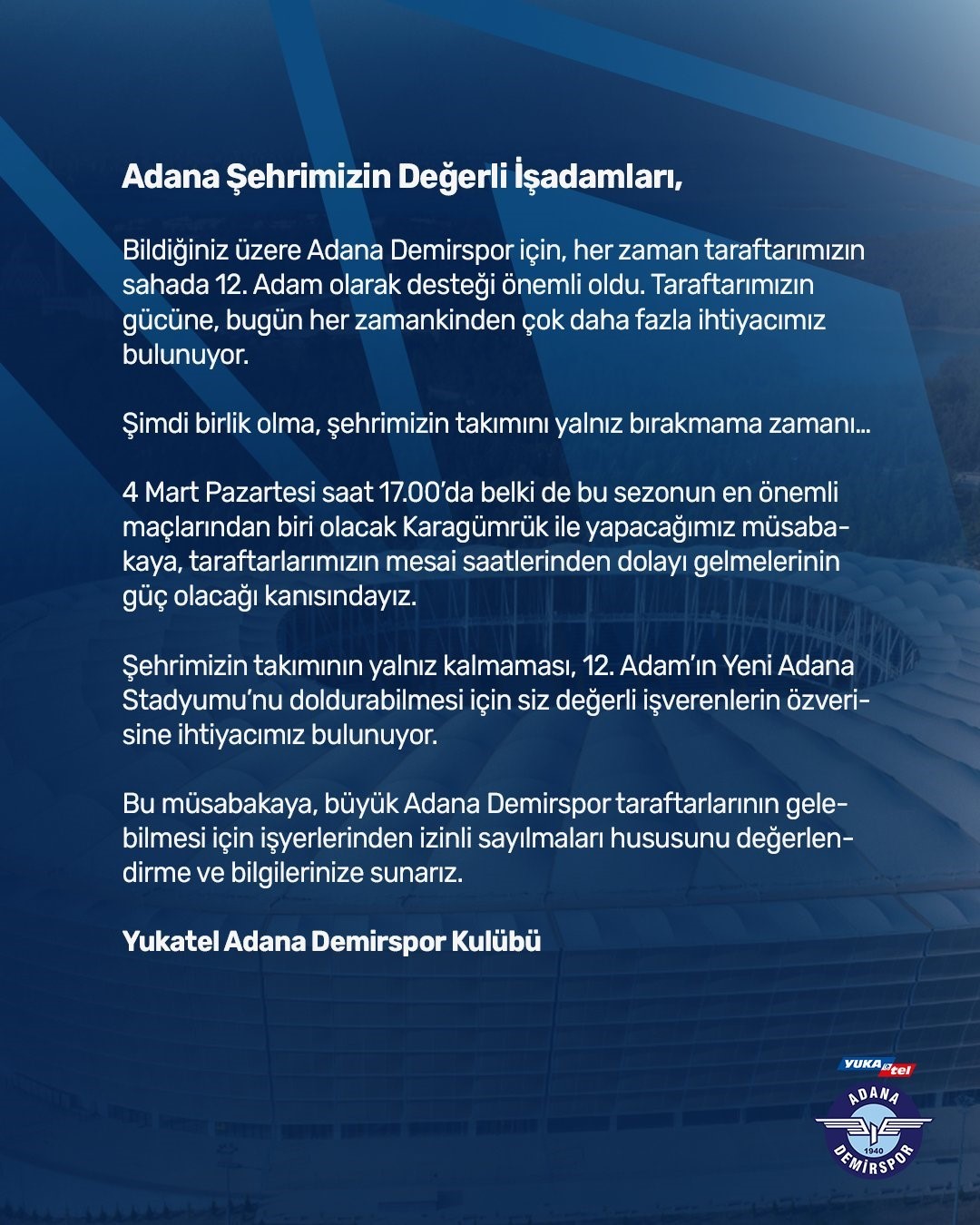 Adana Demirspor’dan iş verenlere çağrı