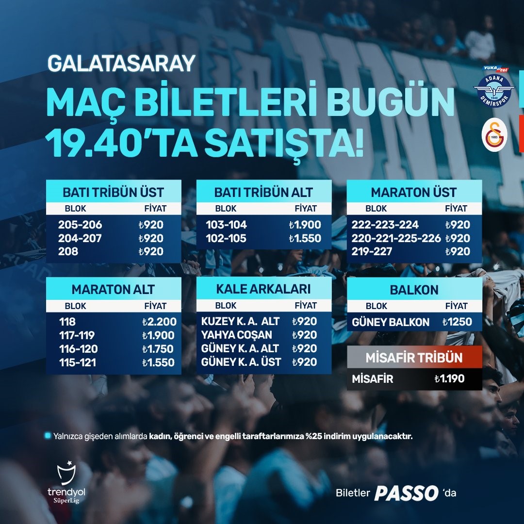 Adana Demirspor – Galatasaray maçı biletleri satışta