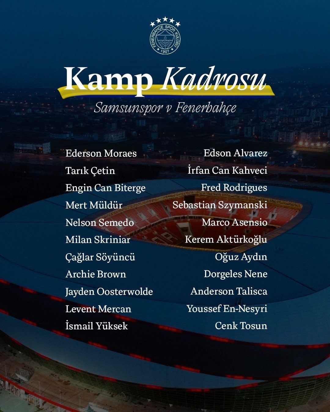 Fenerbahçe’nin Samsunspor kamp kadrosu belli oldu