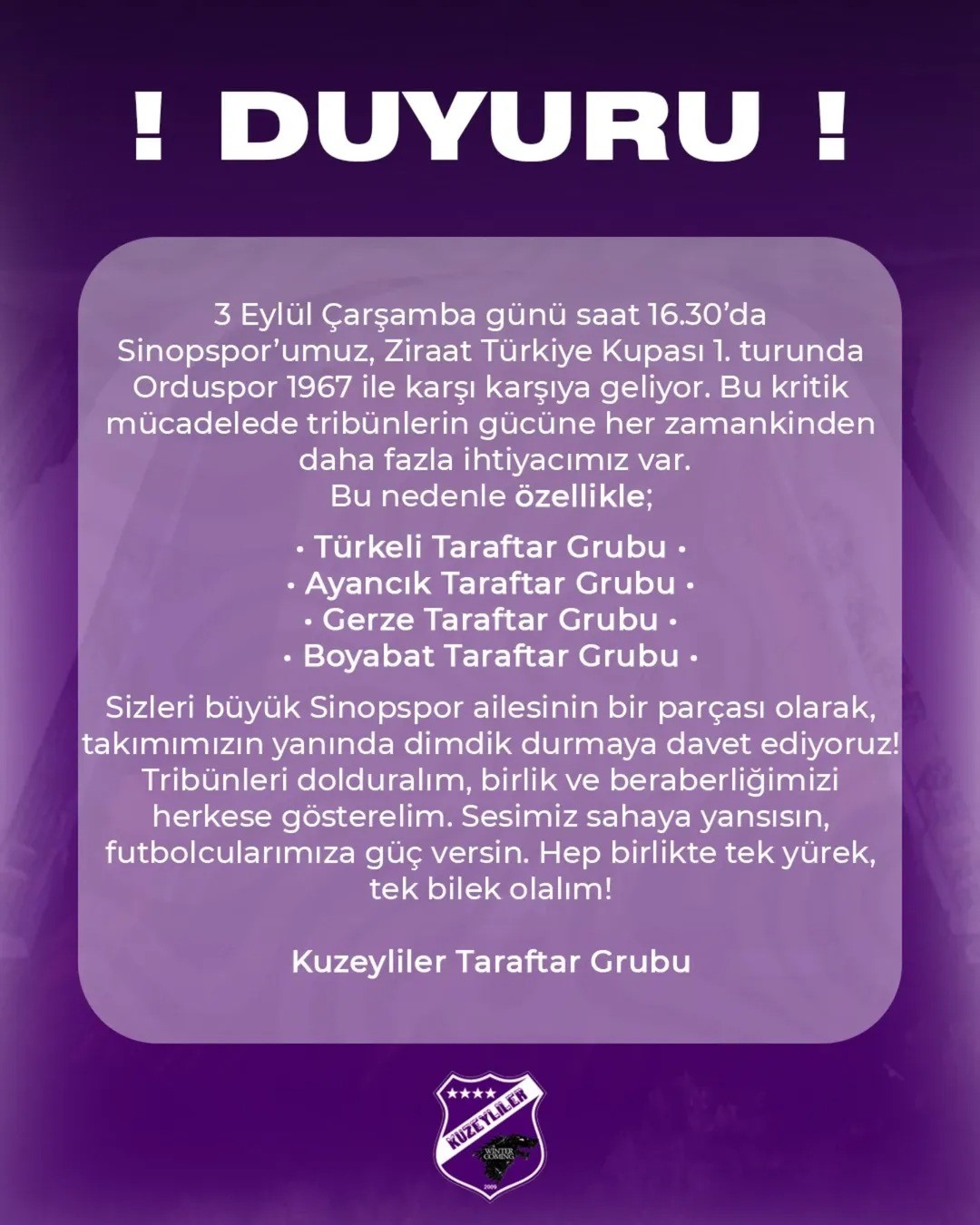 Sinopspor taraftarından destek çağrısı