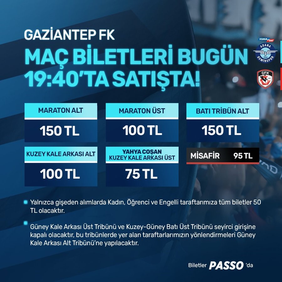 Y. Adana Demirspor – Gaziantep FK maçının biletleri satışa çıktı